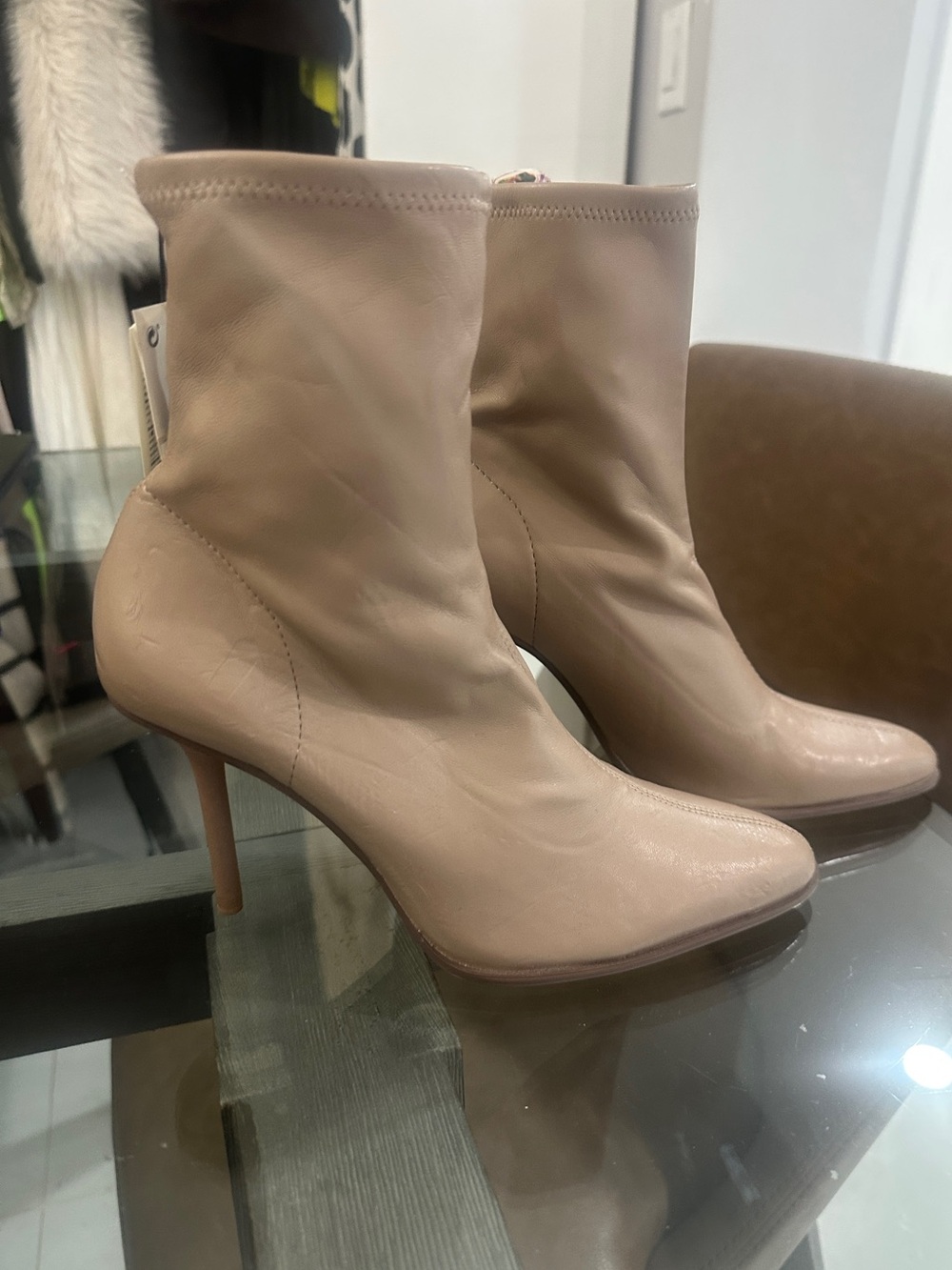 Zara Beige Stretch Leather Ankle Boots